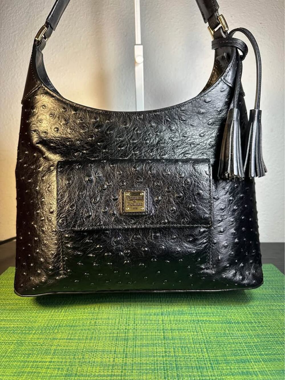 Dooney & Bourke Black Ostrich Embossed Leather Hobo Bag